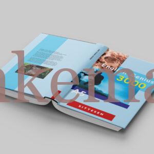 Englisches Schulbuch "English Genius" mit hellblauem Hintergrund und einzelnen Fotos.