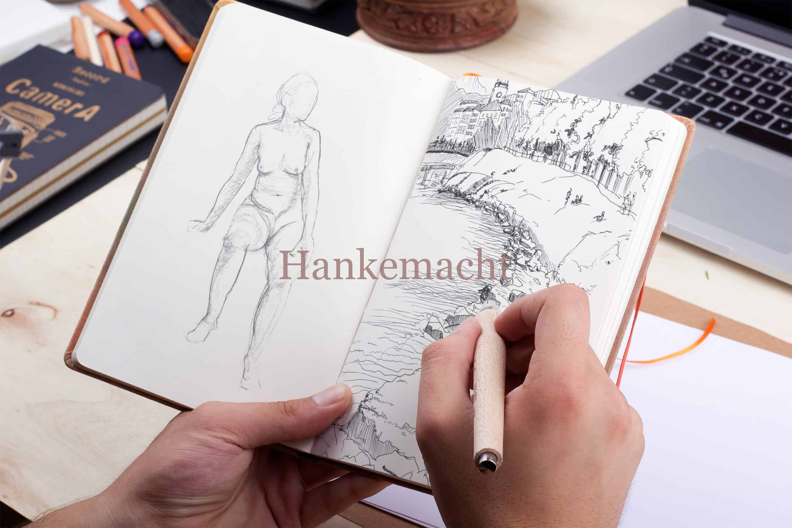Skizzenbuch mit Zeichnung von Landschaft und Mensch